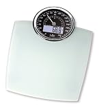 bascula electrónica de cristal, doble display informativo autoluminiscente; visor LCD de gran tamaño 80x32mm; dial analógico; diámetro 14 cm