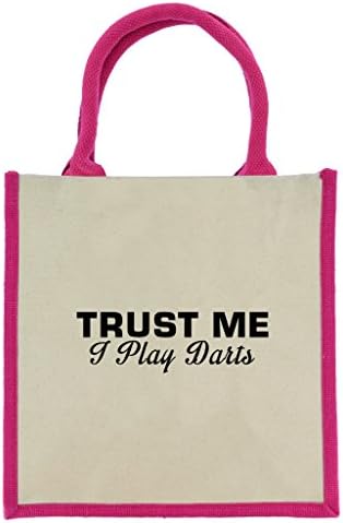 Trust Me I Play Darts in Black Print Jute Midi Shopping Bag with Pink Handles and Trim