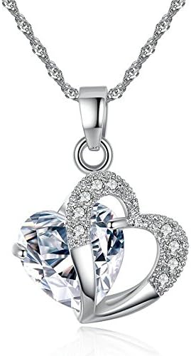 Purmy Women Necklace White Gold Plated Pendant Double Heart Design with Zirconia White 45x2x2.5CM