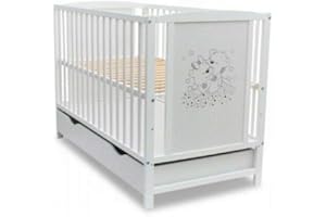 ‎DEDSTORE-BABY Dedstore-Baby Babybett mit Matratze 120x60 cm Höhenverstellbar - Komplett Set - Beistellbett Weiß mit Motiv Bär - Baby Bett - Kinderbett - Baby Bed