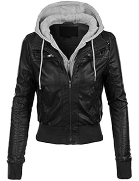 Brinny Damen Kapuzen Lederjacke Motorradjacke Oberbekleidung Kunstlederjacke Leder Jacke Jacket Bikerjacke Blazer