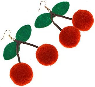 1 Pair Red Cherry Pom Pom Ball Drops Dangle Earrings Ear Studs for Women Girls Jewelry (Cherry Earrings)