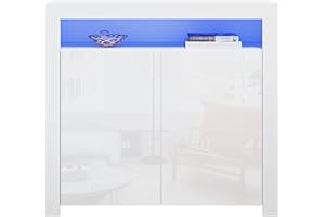 Panana Sideboard Storage Cupboard High Gloss Front Cabinet RGB Multicolor LED Lighting with 2 Doors and Shelves White