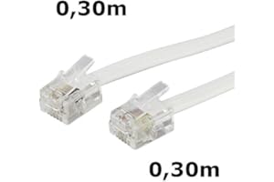 DITM® Cordon Téléphone/ADSL - RJ11 mâle/mâle - Blanc - 0,30 m - Haute qualité et Vitesse supérieure - Broches de Contact Plaqué Or - Relie Modem ou routeur à la Prise téléphonique - Blanc - 0,30 m
