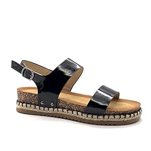 Angkorly - Women's Fashion Shoes Sandals - Casual - Beach - bi Material - Patent - Cork - Cord Flat Heel 4.5 cm - Black 2 OP89 T 37 - UK 4