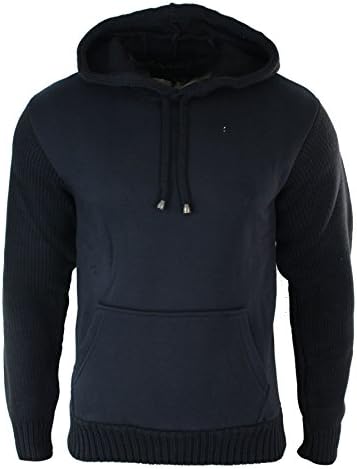 Mens Slim Fit Hoodie Wool Knitted Sleeves &amp; Hood Casual Jumper Top Cream Black