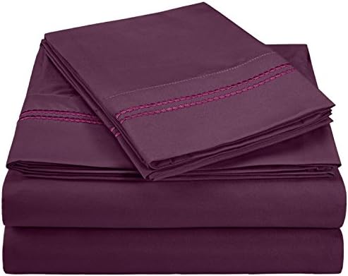 Superior 3000 Series Super Soft and Wrinkle Resistant Microfibre 4-Piece Bed Sheet Set with 2-Line Embroidery in Gift Box, King, Plum