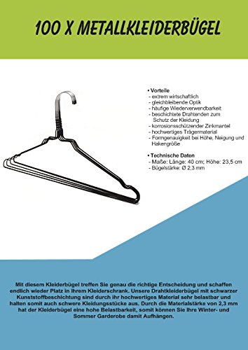 100 x RSR Classic Metallkleiderbügel Kleiderbügel Metall Drahtbügel Schwarz hochwertige Kunststoffbeschichtung Drahtkleiderbügel Draht 40 cm - 2