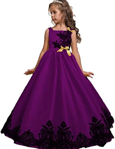 SZHS Girl Sleeveless Lace Flower Party Tutu Princess Tulle Dress(Purple,6-7Y)