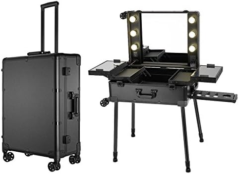 Cherryou Travel Cosmetic Storage Box Makeup Beauty Nail Trolley Case with Wheels and Mirror / Portable Dressing Table Black (with mirror&amp;lights)