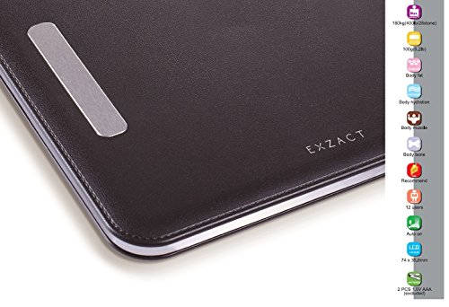 EXZACT Elite Leder-Optik (Lederoptik) Plattform – Körperanalyse / Elektronische Personenwaage / Digitale Badezimmerwaage – Körperfett/ Wasseranteil/ Körpermuskulatur/ Knochen – 12 Benutzerspeicher – Extra hohe Kapazität: 180 kg / 400 lb (Schwarz) - 3