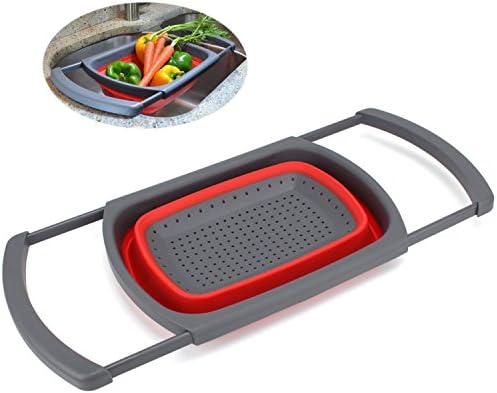 Squish Collapsible Colander Over the Sink Expandable Kitchenaid Food Strainer with Handle Food Grade Silicone Wash Fruit Vegetable Basket,Portable Folding Strainer Basket Suitable for Indoor Outdoor U