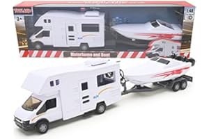 Toyland® Wohnmobilanhänger & Yellow Speedboat Play Toys - Fahrzeugspielzeug im Maßstab 1:48 (Weiß)