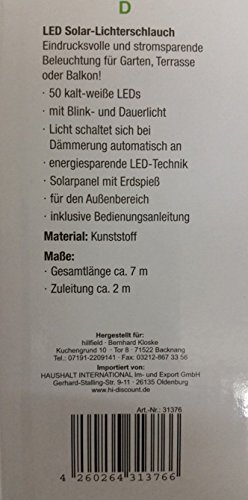 LED Solar Lichterkette Solarlichterkette, 5 Meter, Wasserdicht, 50 LEDs, 1,2V, Tageslichtweiß, tragbar, mit Lichtsensor, Außenlichterkette, Weihnachtsbeleuchtung, Beleuchtung für Hochzeit, Party , hillfield - 5
