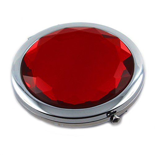 Klappbarer Design Taschenspiegel / Schminkspiegel / Kosmetikspiegel aus Metall in silber mit Glas-Kristall in rot – edles Diamantendesign – deutscher Händler (rot) - 4