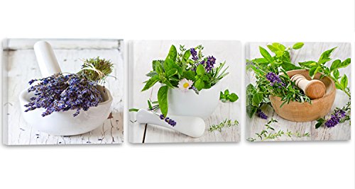 Feeby Frames, Tableau Multi Panneaux- 3 Parties - Panoramique, Impression sur Toile, Décoration Murale, Image imprimée, 60x20 cm, Fines Herbes, Plantes, Cuisine, Rustique, Vert