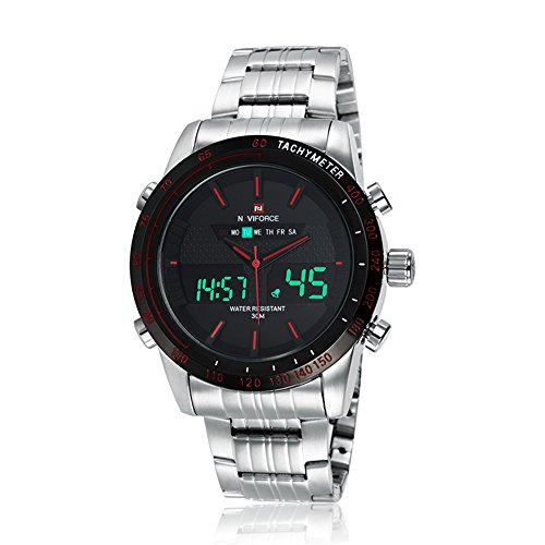 naviforce Herren Fashion Analog Digital Edelstahl Armbanduhr mit muti-functions (Silber/Rot) naviforce Herren Fashion Analog Digital Edelstahl Armbanduhr mit muti-functions (Silber/Rot)
