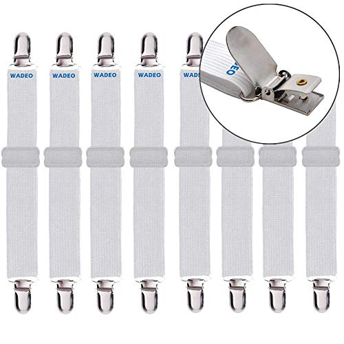 WADEO Sujetadores de Hojas de 8 Piezas(Blanco), Sujeta Sabanas Bajeras/Tirantes Correas Ajustables para sábanas o sofás Cortina