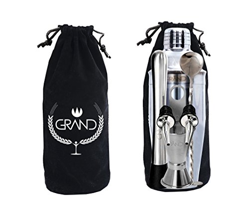 Cocktailshaker Set von GRAND – Das Geschenkeset beinhaltet 1x Edelstahlshaker, 1x Premium Doppel-Messbesser, 1x Stößel, 1x Mixlöffel, 1x Flaschenöffner, 1x CocktailRezepte-Ebook. - 2