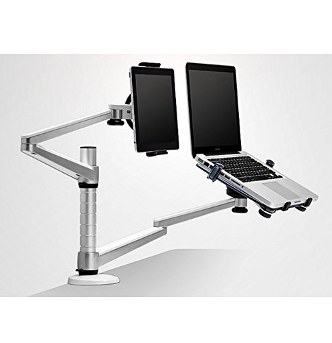 Adjustable Aluminium Universal Laptop Notebook & Tablet Stand Desk Mount Bracket Clamp Tilt Swivel Dual Arm Support Holder (Laptop & Tablet)