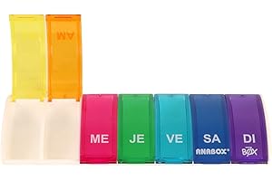 Anabox - Pilulier Semainier Box7-7 Compartiments Journaliers Indépendants - Organisateur de Médicaments Hebdomadaire Compact - Fabriqué en Allemagne - Sans BPA - Coloris Multicolore