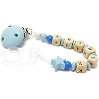 dea-concept attache sucette bébé prénom - clip bleu ciel - perles blanc ciel bleu - étoile ciel - adaptateur silicone - fait main sur mesure
