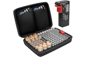 Tanness 140 Battery Case With Tester | Large Capacity Organiser Storage Case Bag for AAA, AA, 9V Flat, C and D Size Batteries (Not Included)