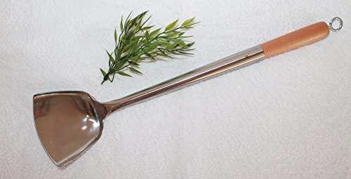 AAF Nommel ® Wok Spahtel Pfannenwender flach 004 Edelstahl mit Öse auch zum Aufhängen Größe S – 43 cm lang, Kelle 10 x 9 cm, mit Holzgriff, genietet