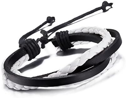 Surfer Leather Bracelet Black &amp; White Genuine Leather Adjustable Wristband Bracelet 16 cm to 21 cm