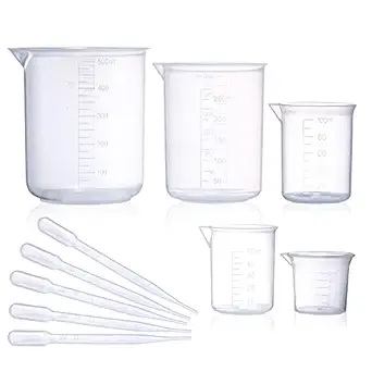 SPYLX Plastic Beaker Set, 5 Sizes Low Form Measuring Graduated Beakers in 500 ml, 250 ml, 100 ml, 50 ml, 25 ml for Laboratory, & Science Experiments with 5 Plastic Droppers in 3 ml