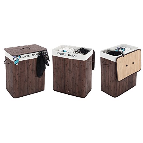 Songmics 100L (62,5 x 52 x 32 cm) Wäschekorb Bambus Faltbar Wäschebox mit 2 Fächern Wäschetonne mit herausnehmbaren Wäschesack Braun LCB64Z - 7
