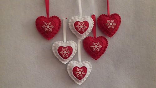 Red and White Felt Christmas Tree Decorations Snowflake Hanging Heart Decorations, Snowflake Decor. (6 x Tree Decorations)