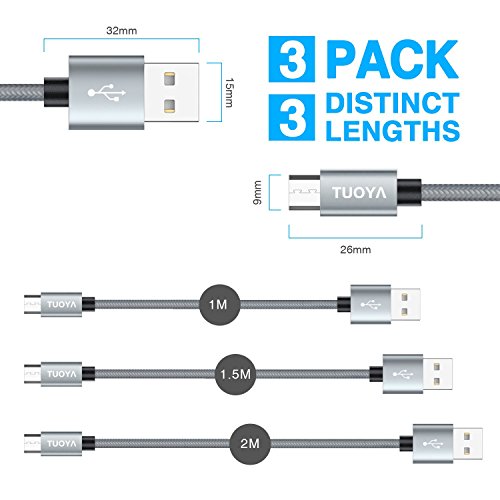 Cavo Micro USB, TUOYA [3 Pezzi, 1m 1.5m 2m] Cavetto Caricatore Android in Nylon Intrecciato Cavo USB Micro USB Carica Rapida - Trasferimento Dati e Ricarica per Samsung Galaxy, Huawei, Xiaomi, Nexus, Sony, Kindle, Echo Dot