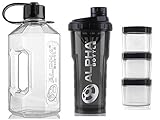 MANTÉNGASE HIDRATADO DURANTE SUS ENTRENAMIENTOS: con el ENORME jarra de agua Alpha Bottle (2.4L) y la botella de Protein Shaker (1L). Perfecto para el gimnasio, deportes al aire libre y camping.