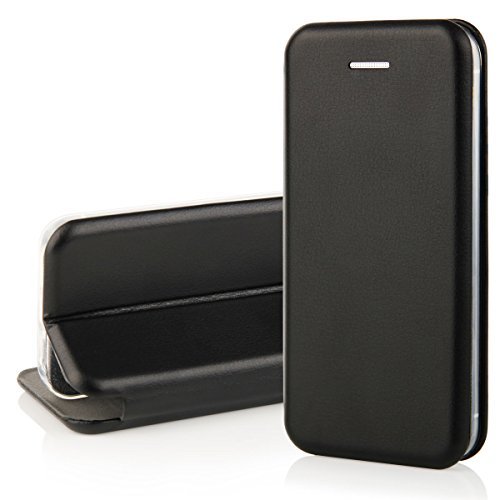 QULT® Kunstleder Bookstyle Handy Tasche für iPhone 5 / 5s / SE Schwarz Flip Case Magnetverschluss Book Cover mit Kartenfach und praktischer Aufstellfuntkion das innere Gummi Silikon Schutz Hülle