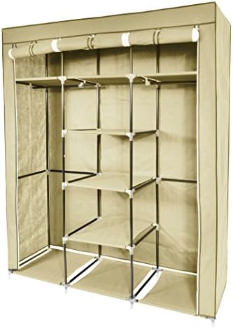 Lyndan - Skocjan Beige Triple 3 Door Fabric Wardrobe Closet Canvas Storage Tidy Rail Clothing Clothes Garment Organiser Cupboard with 5 Coat Hangers and Shoe Rack Shelves