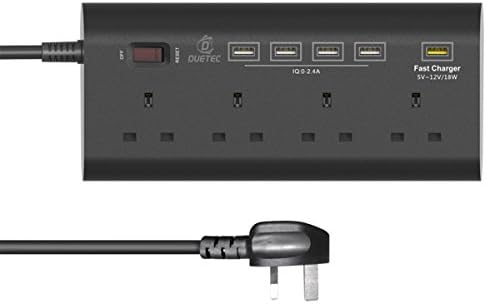 EXTENSION LEAD. The Duetec Black 4 Way Mains Sockets with 5 USB Charging Ports (1 x QC 3.0). Surge Protection. 1.8 Metre Mains Lead. 4 Gang . Fire Retardant Strong Robust Case. Functional and Safe.