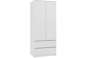 WHATSIZE ENTERPRISE Double Wardrobe with Drawers - 2 Door Bedroom Wardrobe with Hanging Rail and Shelves - Modern White Closet for Clothes Storage, Easy to Assemble Bedroom Furniture