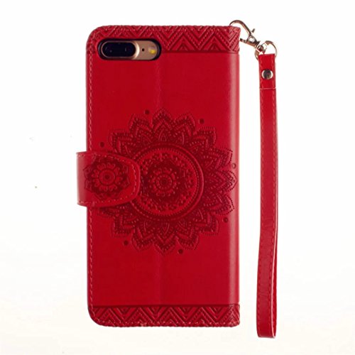MUTOUREN für iPhone 7 plus 5.5 Zoll Hülle Schutzhülle PU Leder Bookstyle Handyhülle Brieftasche Wallet Schale Portemonnaie Klapphülle mit Standfunktion Taschen kratzfeste Stoßfest Magnetic Snap Bumper Schale – Geprägte Muster indische Mandala Rot + Stylus Touch Pen - 4