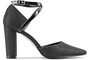 MODELISA - Zapatos De Tacón Ancho Salón Brillo Punta Hebilla Tobillo Mujer