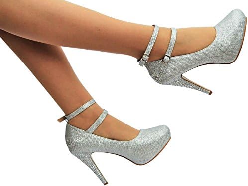 0035 New Ladies Ankle Straps Stiletto High Heel Court Shoes (UK7, Silver)