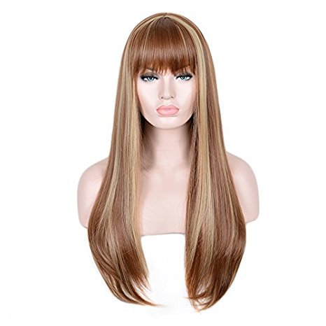 WIGSTYLE Long Light Brown Wig with Bangs Blonde Highlights Straight Synthetic Full Wig Heat Resistant Costume Wig for Women Girl