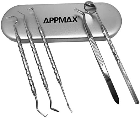 Appmax Dental Hygiene Kit For Home &amp; Dentist Using | Calculus &amp; Plaque Remover Set | Stainless Steel Tarter Scraper, Dental Pick, Dental Scaler, Toothpick And Mouth Mirror - Deep Teeth Cleaning Tools to Maintain High Oral Care - Tools used by Dentist - Specail for Pets Cat and Dog | Anti Bacterial Protective Case Offering Protector (Silver Aluminum)