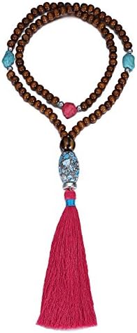 eManco Religious Prayer Meditation Long Brown Wood Bead Necklace with Tassel Pendant for Women Jewellery