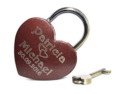 Love lock, heart shape, chocolate colours with engraving, large, 60 x 45 mm, padlock
