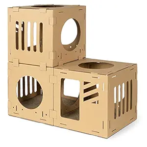 Navaris Modular Cardboard Cat House - DIY Corrugated Cardboard Configurable Play Tower Condo for Small Cats, Kittens, Rabbits - 3 Cubes