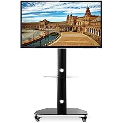 RFIVER Support TV sur Roulette avec Support Cantilever Chariot TV Pied Universel Pivotant avec Étagères pour Télé 27-55 Pouces Noir TF9001