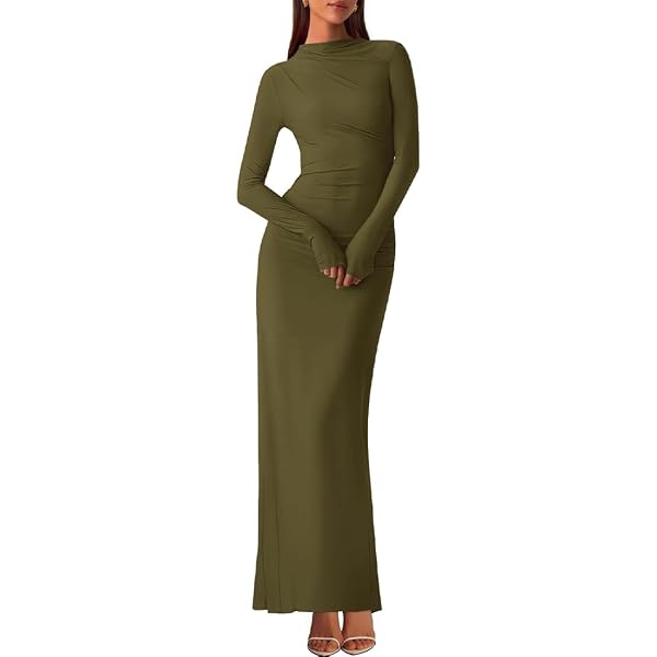 Robe Midi Moulante Femme Manches Longues Col Roulé - Gris Foncé - Basique élégant Automne/hiver - 3