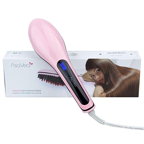 Hair Straightener Straightening Brush from AsaVea electric Compact Faster Heating Detangling Ceramic Styling Tool Easy to Use and Carry Hairstyling Done Anywhere,Saves Money and Time,Will Not Burn or Scald,Rotating Anti-Kink Cord,High End LCD Temperature Display,Professional Grade Anti-Static Ceramic Heating Plates with a Complimentary Travel Bag,Always Have Great Hair No Matter Where You Go! (Pink)