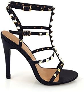 High Stiletto Heel Rockstud Anklestrap Sandal With T-Bar 5 BLACK MATT